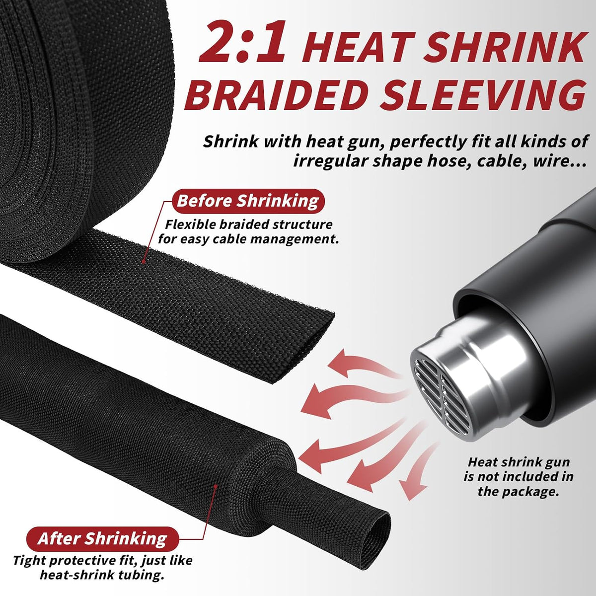 Oleitodh 100 ft 3/8 in 2:1 Heat Shrink Braided Sleeving, Black | Abrasion-resistant polyolefin and polyester sleeve for automotive wiring harness protection and cable management.