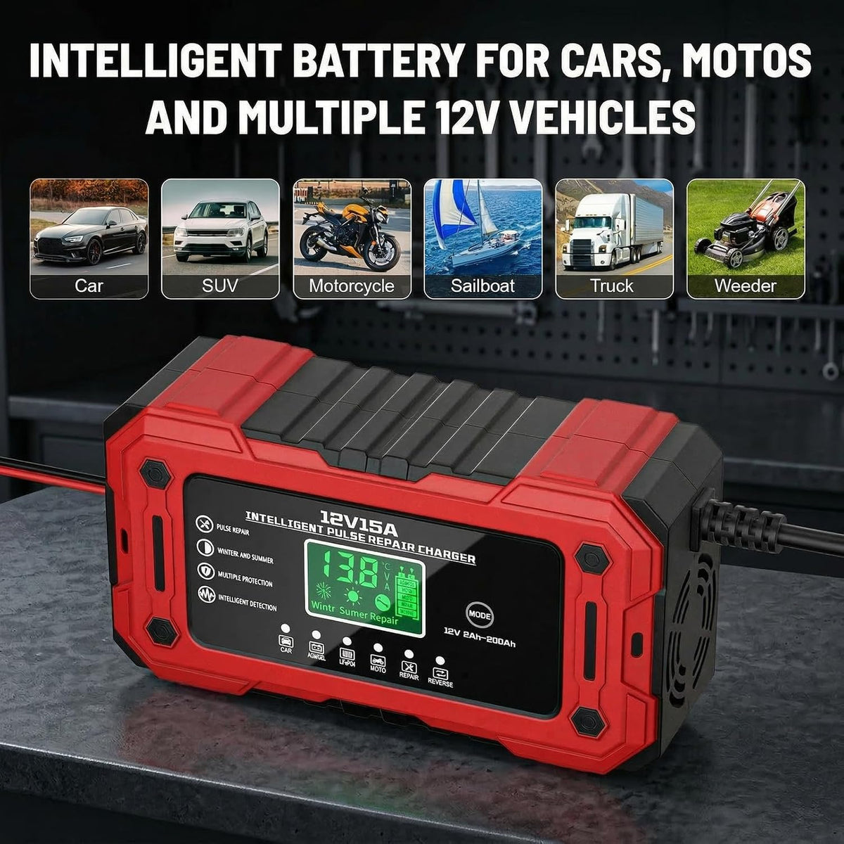 car battery charger 12v 15a smart trickle charger on a desk or shelf