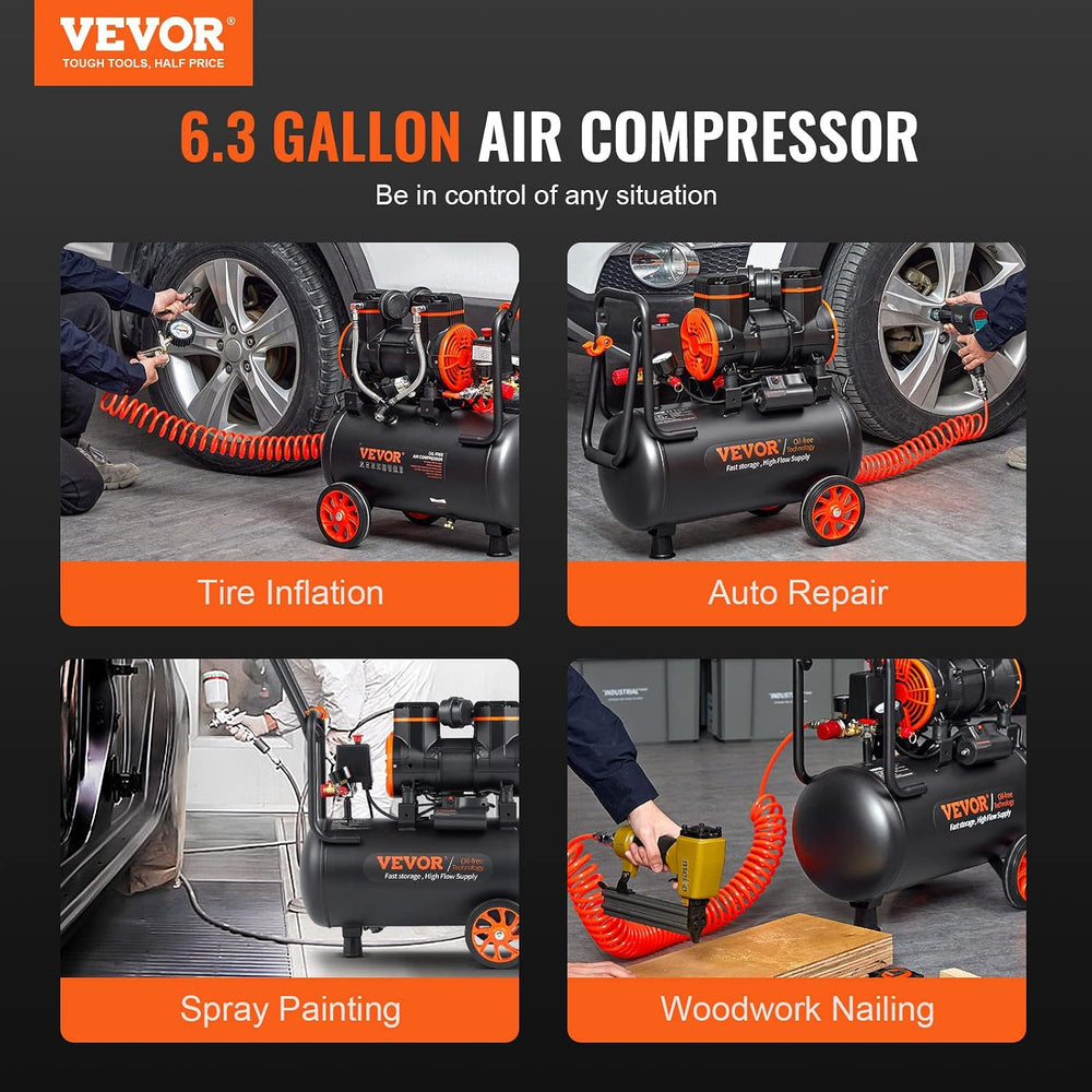 VEVOR 6.3 Gallon 2 HP Air Compressor, Max 116PSI, Oil Free Compressor Tank