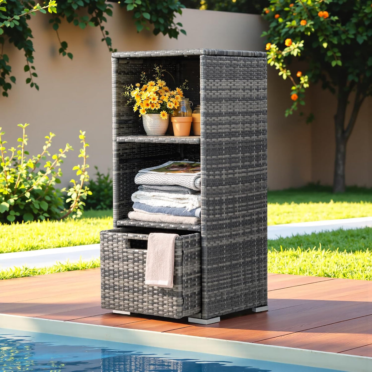greesum rattan storage shed,outdoor towel rack,grey, close-up detail