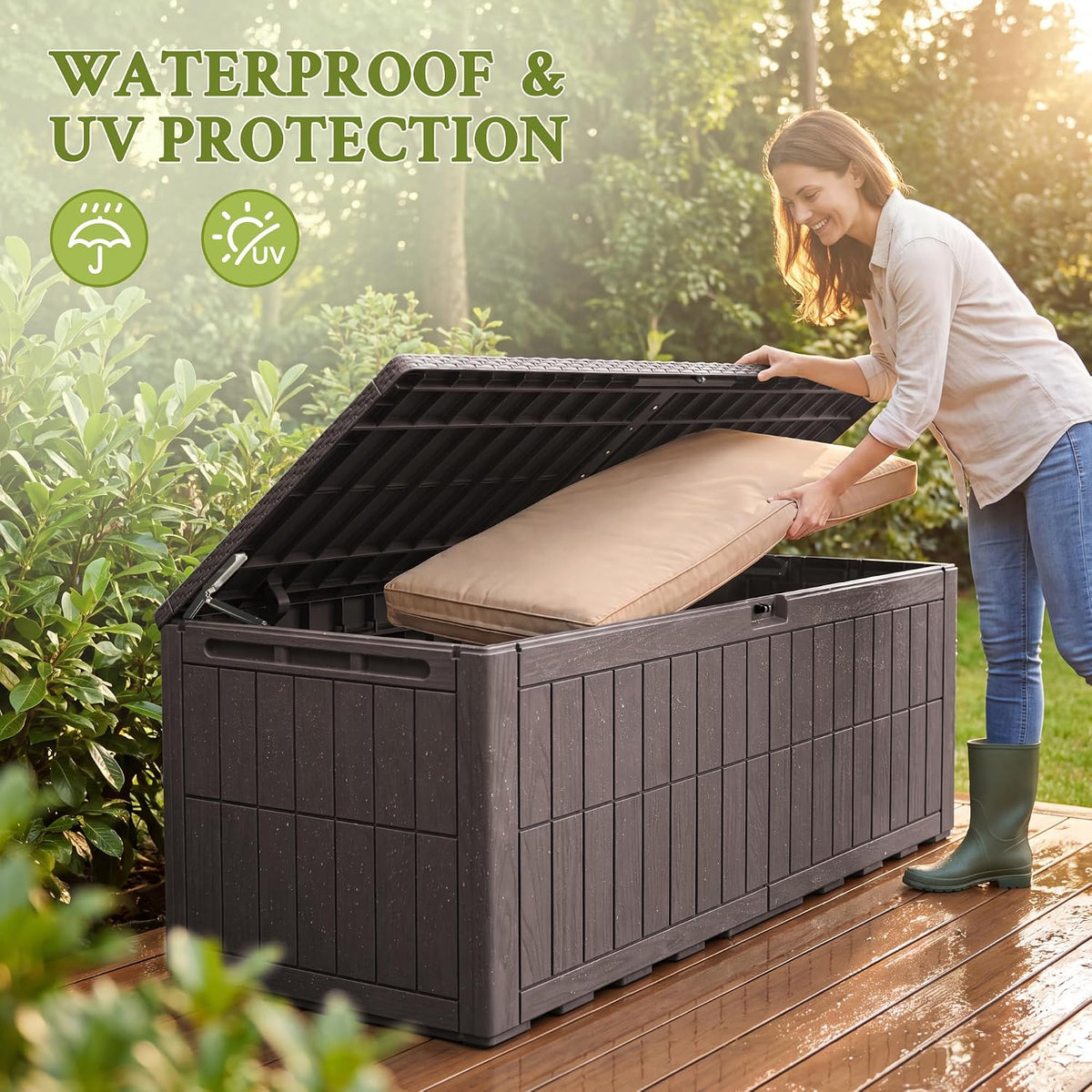 flamaker 180 gallon large outdoor storage box waterproof, side view