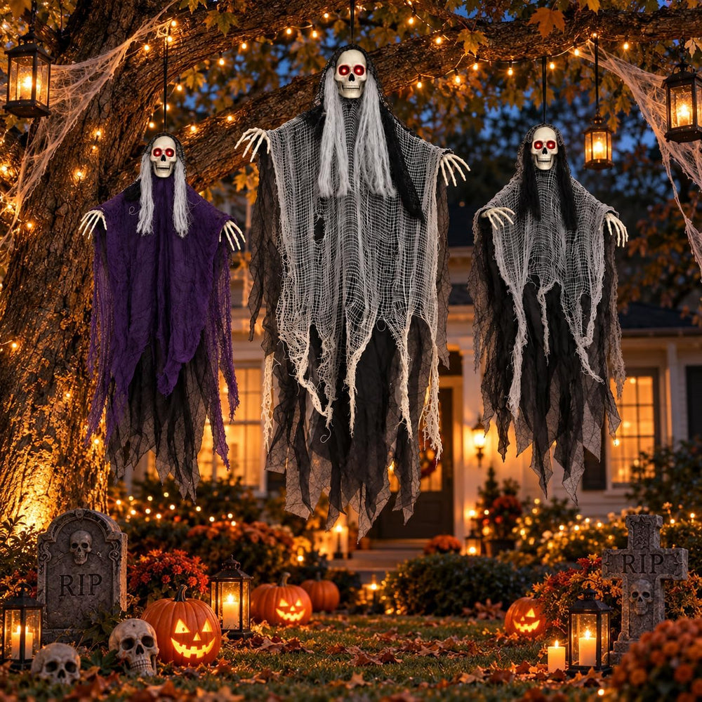 Halloween Decorations Outdoor, 3 Pack Glowing Eyes Hanging Skeleton Ghosts