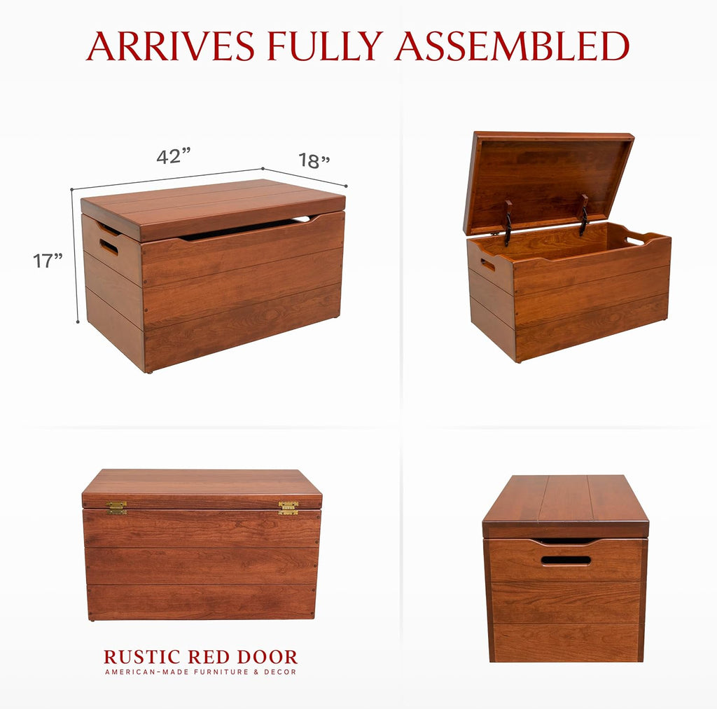 Amish Made Wooden Storage Chest Trunk Box with Lid and Handles for Bedroom, Blanket, Clothes, Anti-Slam Hinges, Handmade, Rustic, Cherry Wood, Cherry Stain, 42"