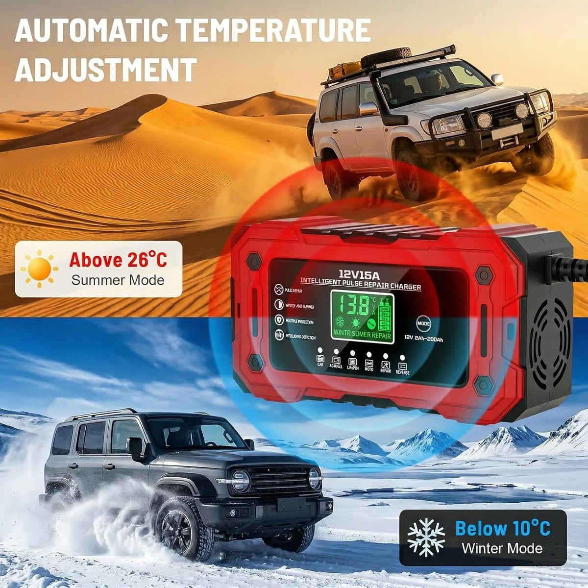 car battery charger 12v 15a smart trickle charger, side view