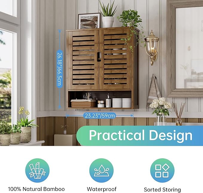 SMIBUY Bathroom Cabinet Wall Mounted, Bamboo Over-The-Toilet Storage Organizer