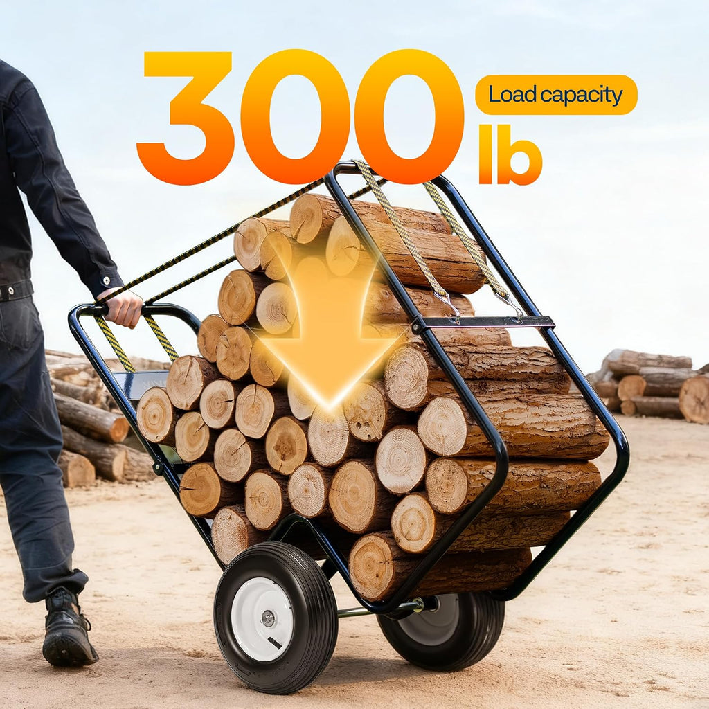 vivohome firewood log cart carrier with rubber wheels, side view