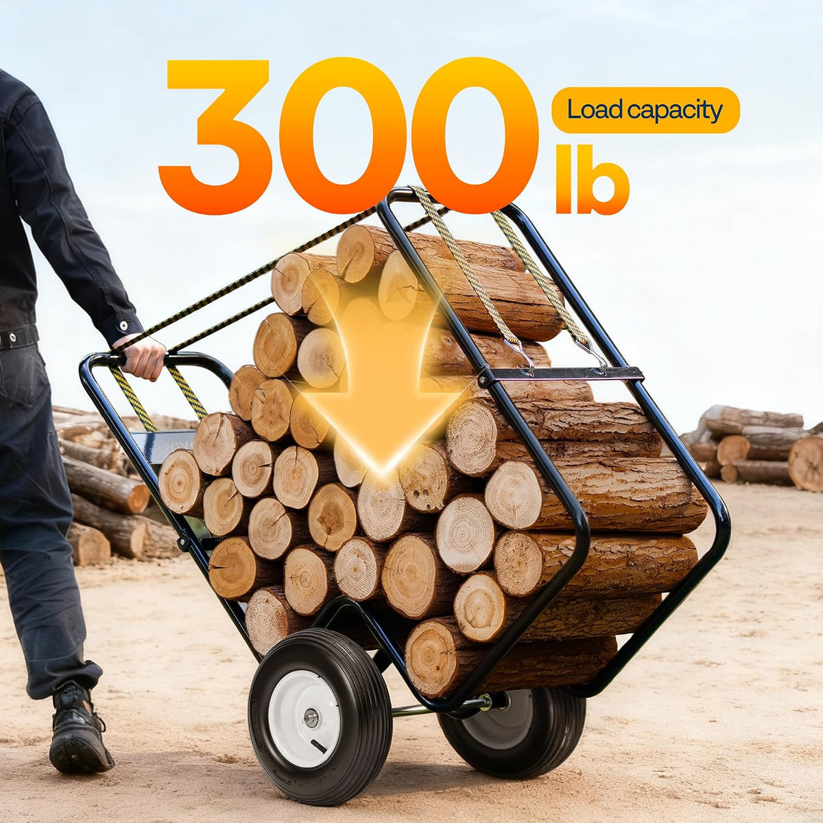 vivohome firewood log cart carrier with rubber wheels, side view
