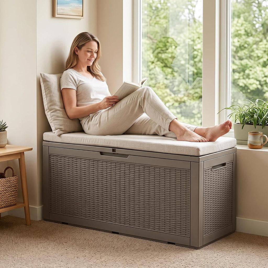 rojik 195 gal deck box waterproof, grey shown in use