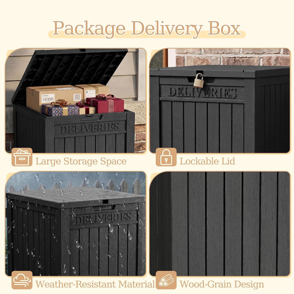 outdoor storage box,90 gallon waterproof package delivery boxes, side view
