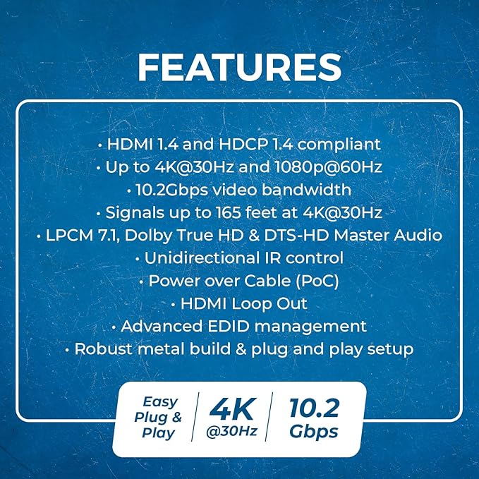 OREI 4K 1x4 HDMI Extender Splitter Over CAT6/7 Ethernet Cable Up to 4K@30Hz