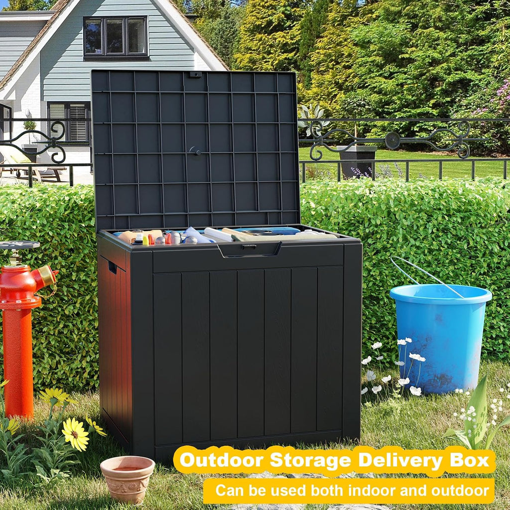 33 gallon outdoor deck box, lockable waterproof outdoor shown in use