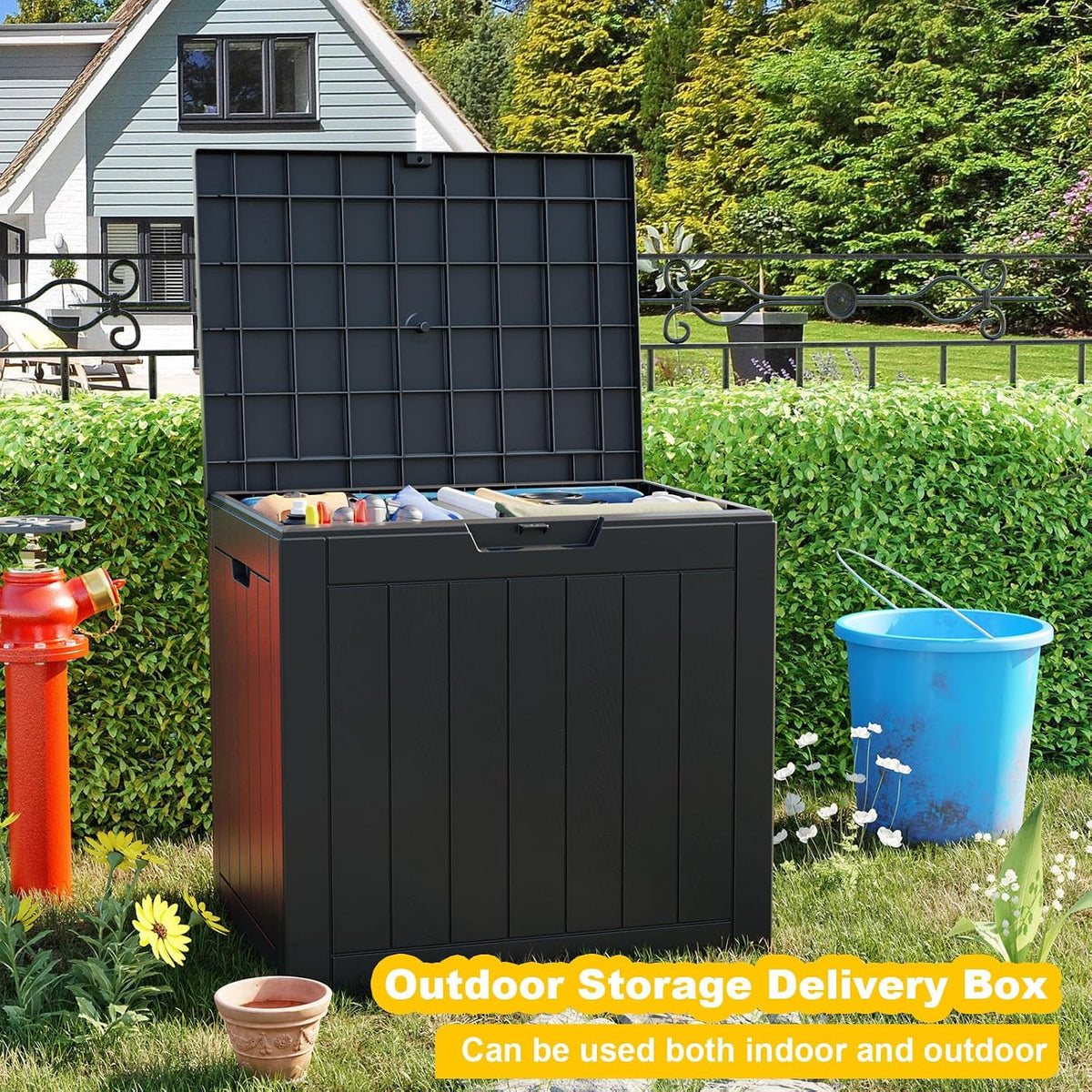 33 gallon outdoor deck box, lockable waterproof outdoor shown in use