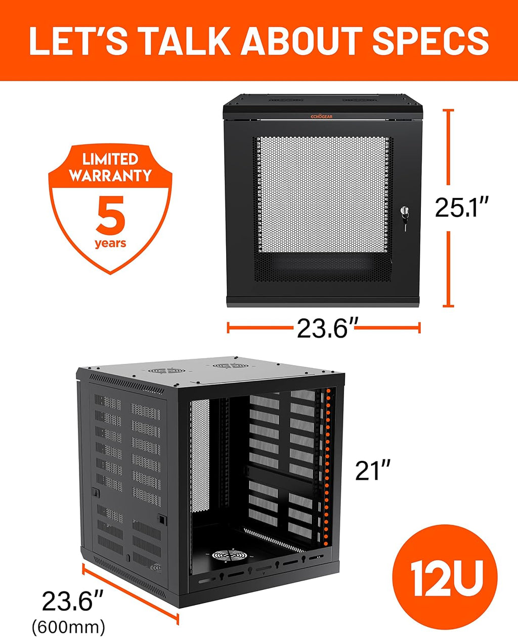 ECHOGEAR 12U Network Rack w/Enclosed Design, Easy Install, 600mm Depth