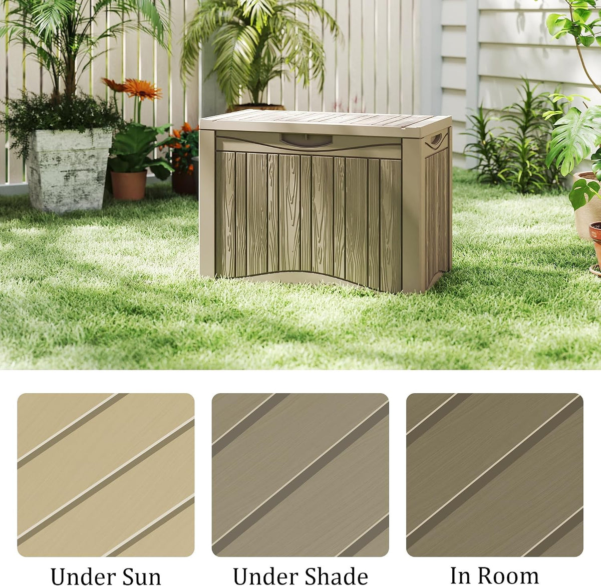 76 gallon outdoor storage box with wheels, waterproof on a desk or shelf