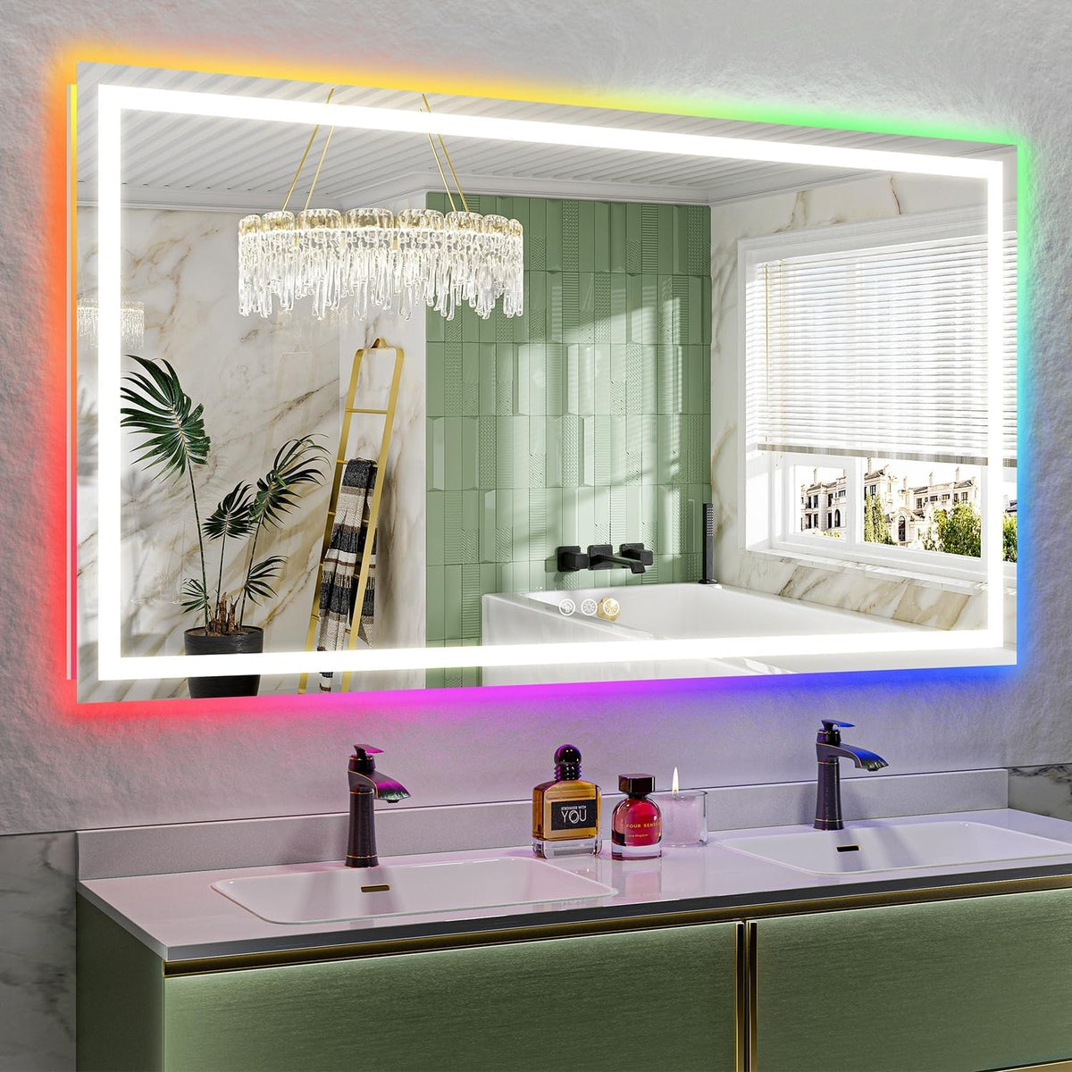 YEELAIT 65x36 Inch RGB LED Bathroom Mirror Front Light and RGB Backlit Lighted
