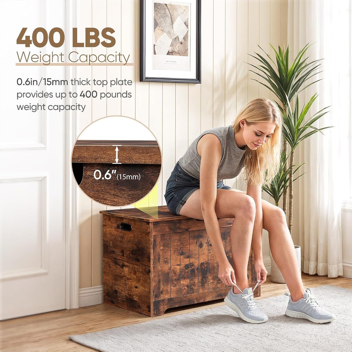 storage chest, wooden storage bench with flip-top lid, close-up detail