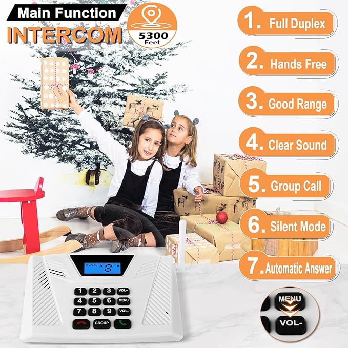 Intercoms Wireless for Home, Full Duplex Hands-Free Intercom, 5300ft Long Range