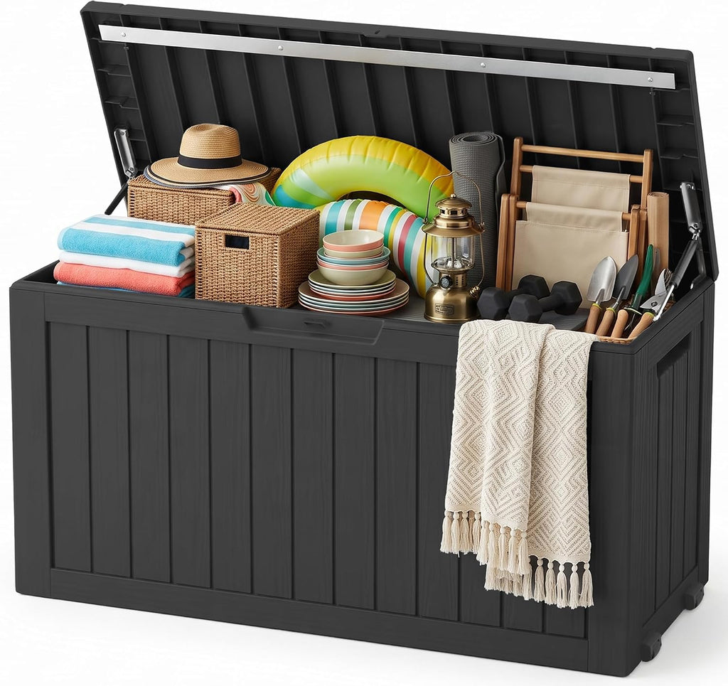 Outdoor Storage Box,140 Gallon Lockable Deck Box with Wheels,Black