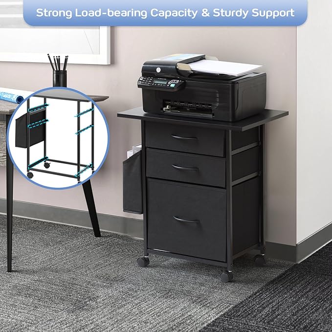 Printer Stand with 3 Fabric Drawer, Mobile File Cabinet