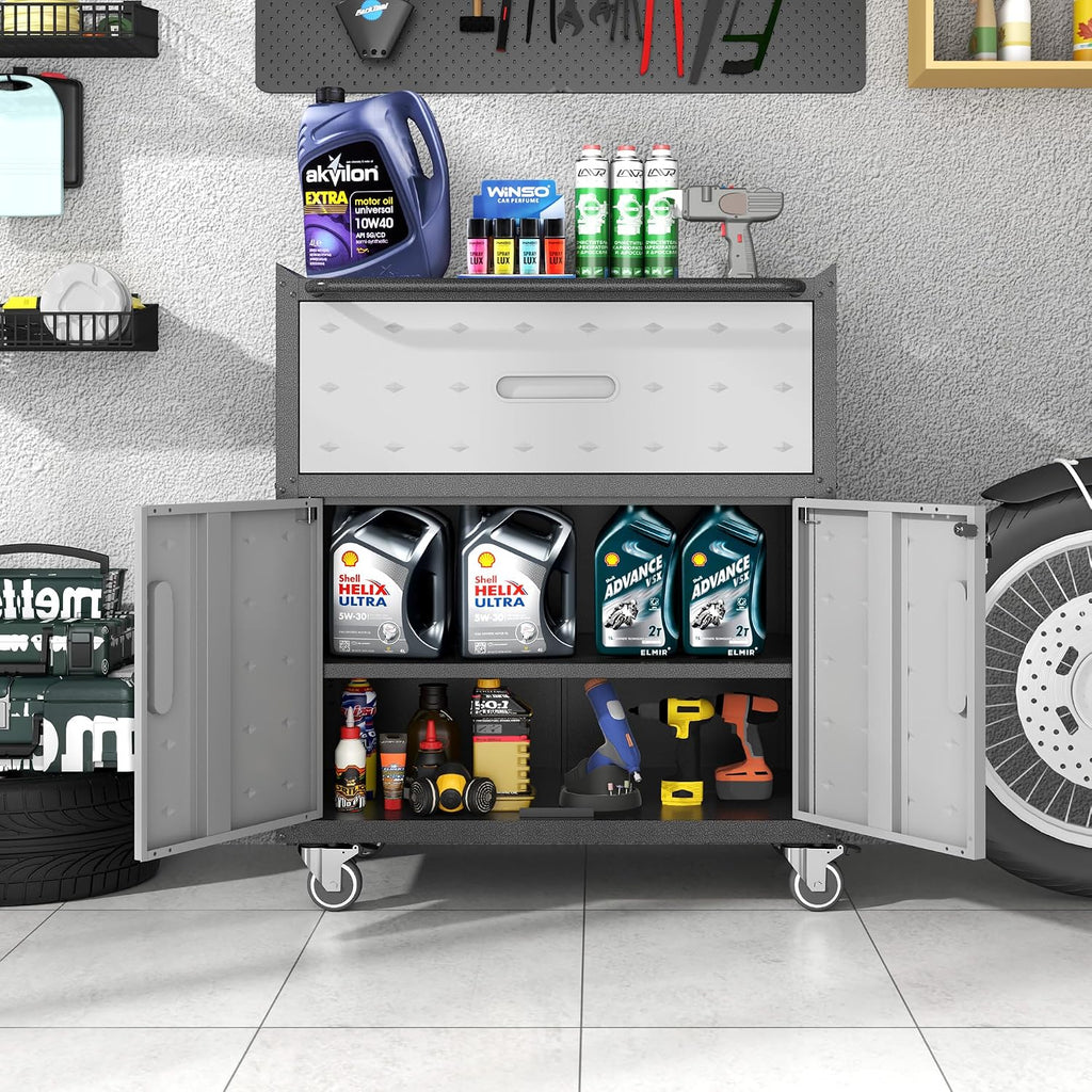 metal storage cabinet for garage, tool cabinet, utility shown in use