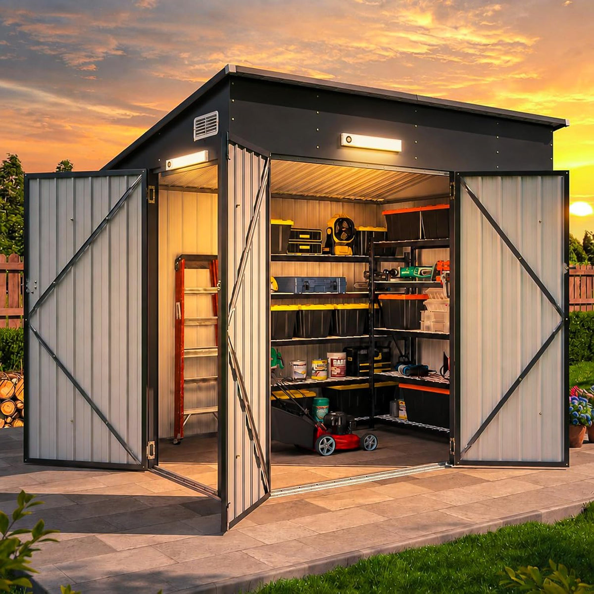 Aoxun 7.5'x4' Triple Door Outdoor Storage Shed with Magnetic Sensor Light