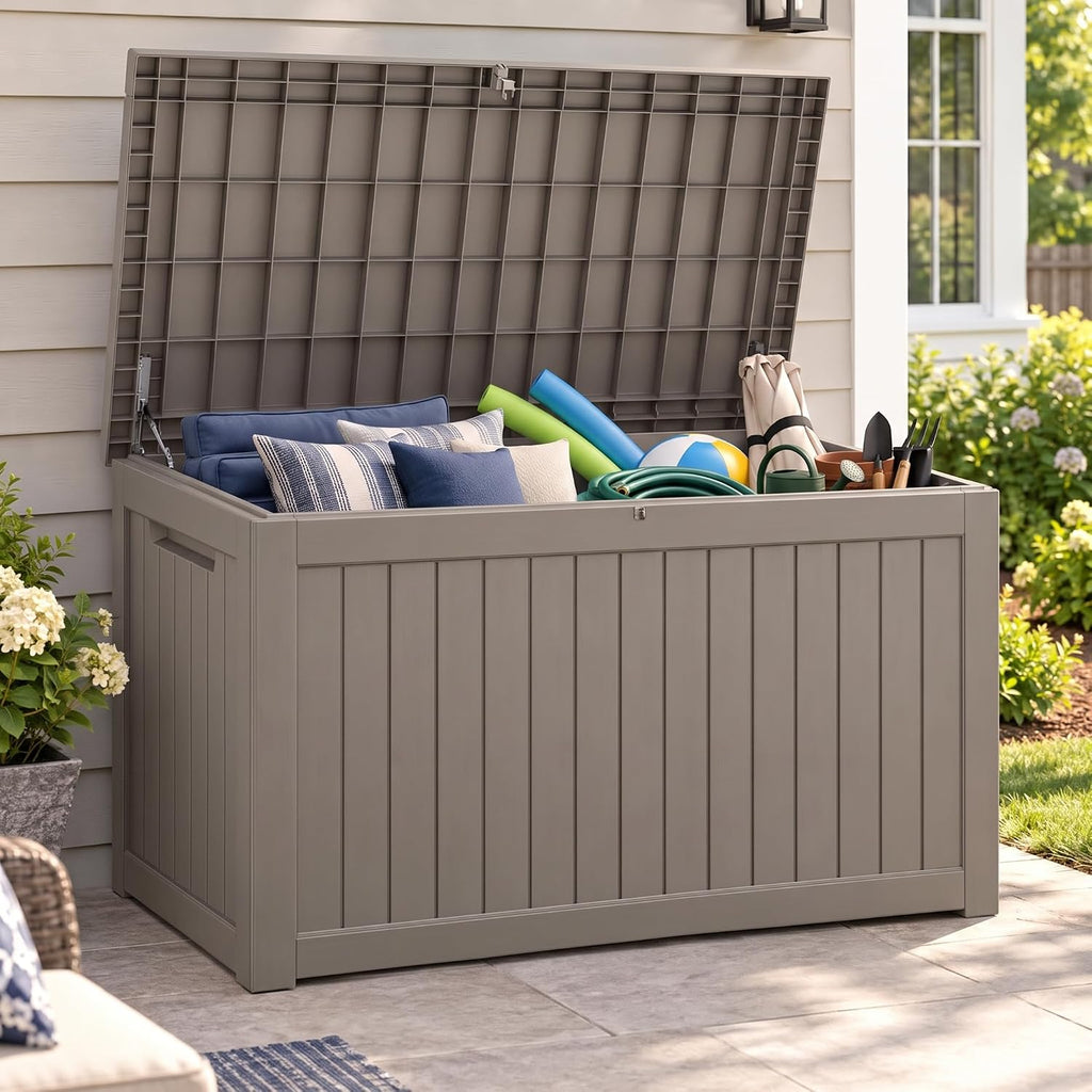 300 gallon outdoor storage box resin deck box shown in use