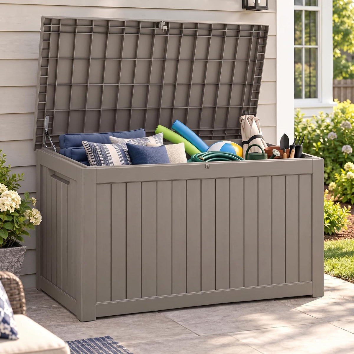 300 gallon outdoor storage box resin deck box shown in use