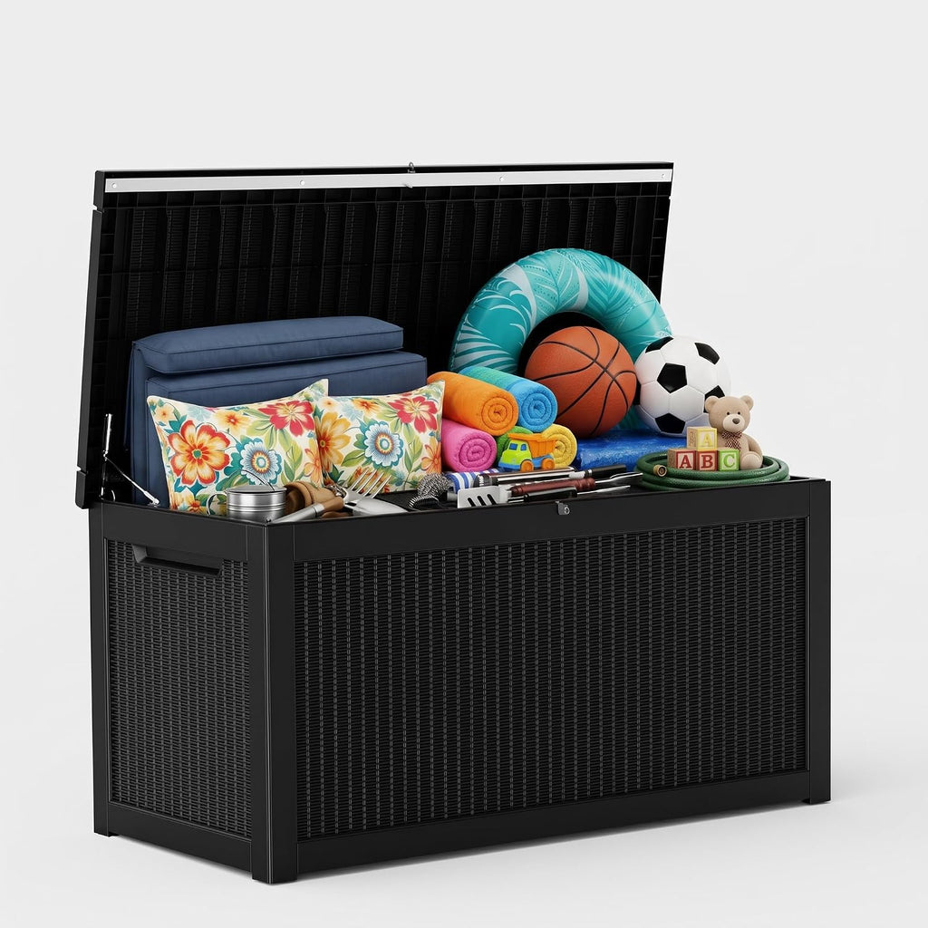 Vixzen 320 Gallon Deck Box, Lockable Waterproof Resin Storage Box，Black