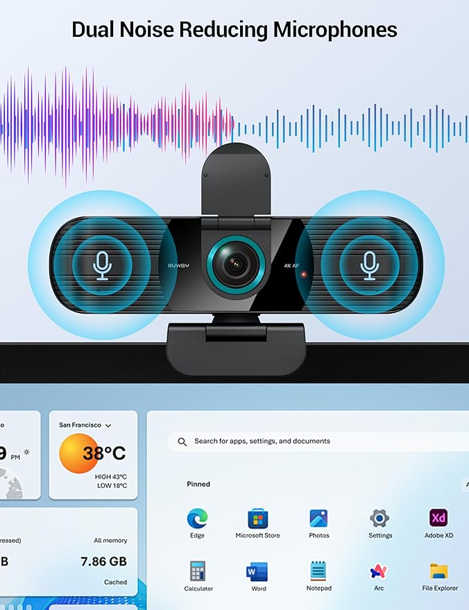 RUWBY UHD 4K Webcam with Built-in Dual Mics, Wide-Angle Lens, Privacy Cover