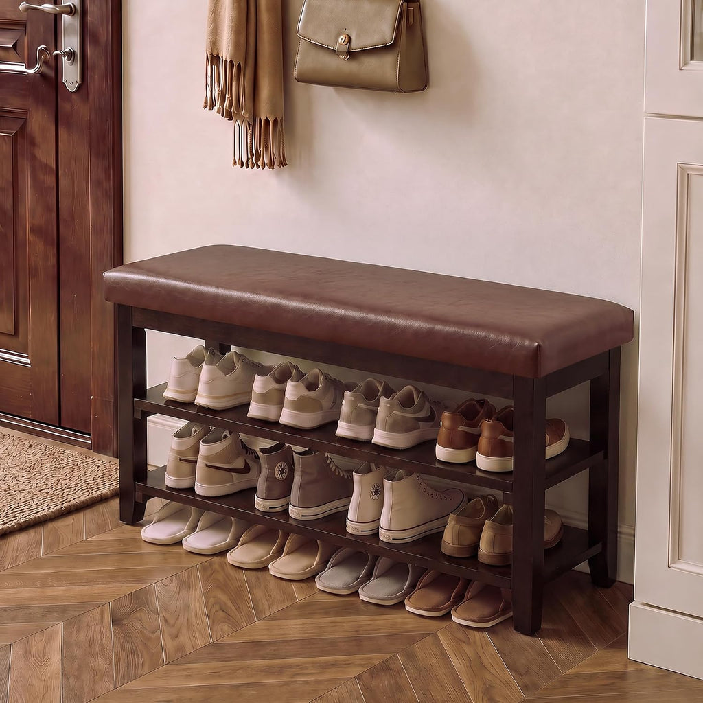 40" Wooden Shoe Rack with Seating, Entryway Bench with Shoe Storage, Brown
