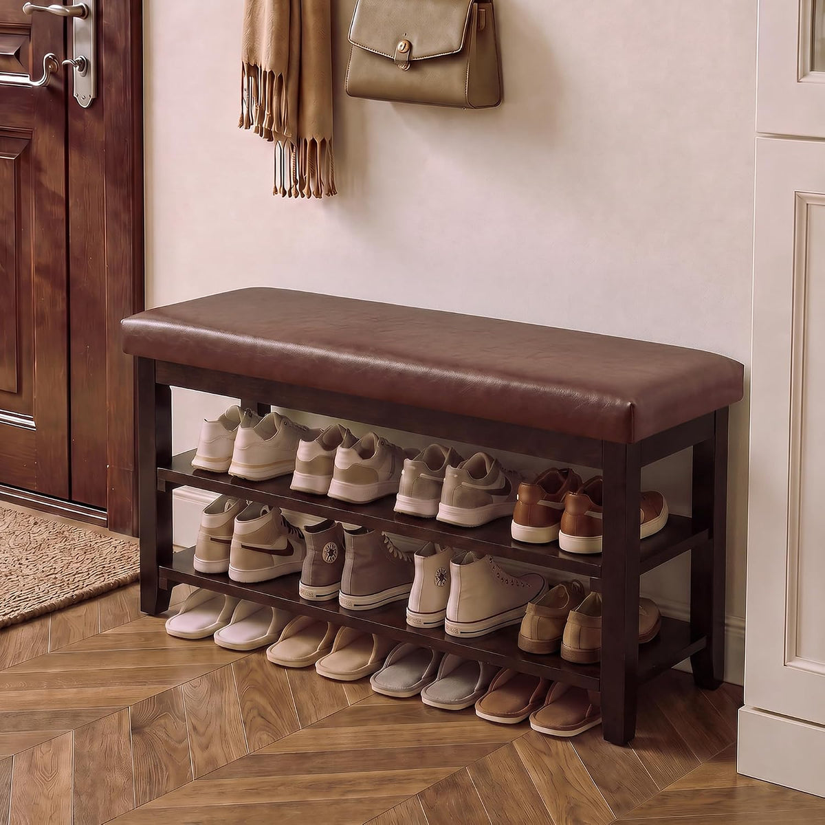 40" Wooden Shoe Rack with Seating, Entryway Bench with Shoe Storage, Brown