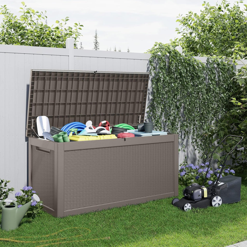 320 gallon outdoor storage box waterproof, resin lockable, side view
