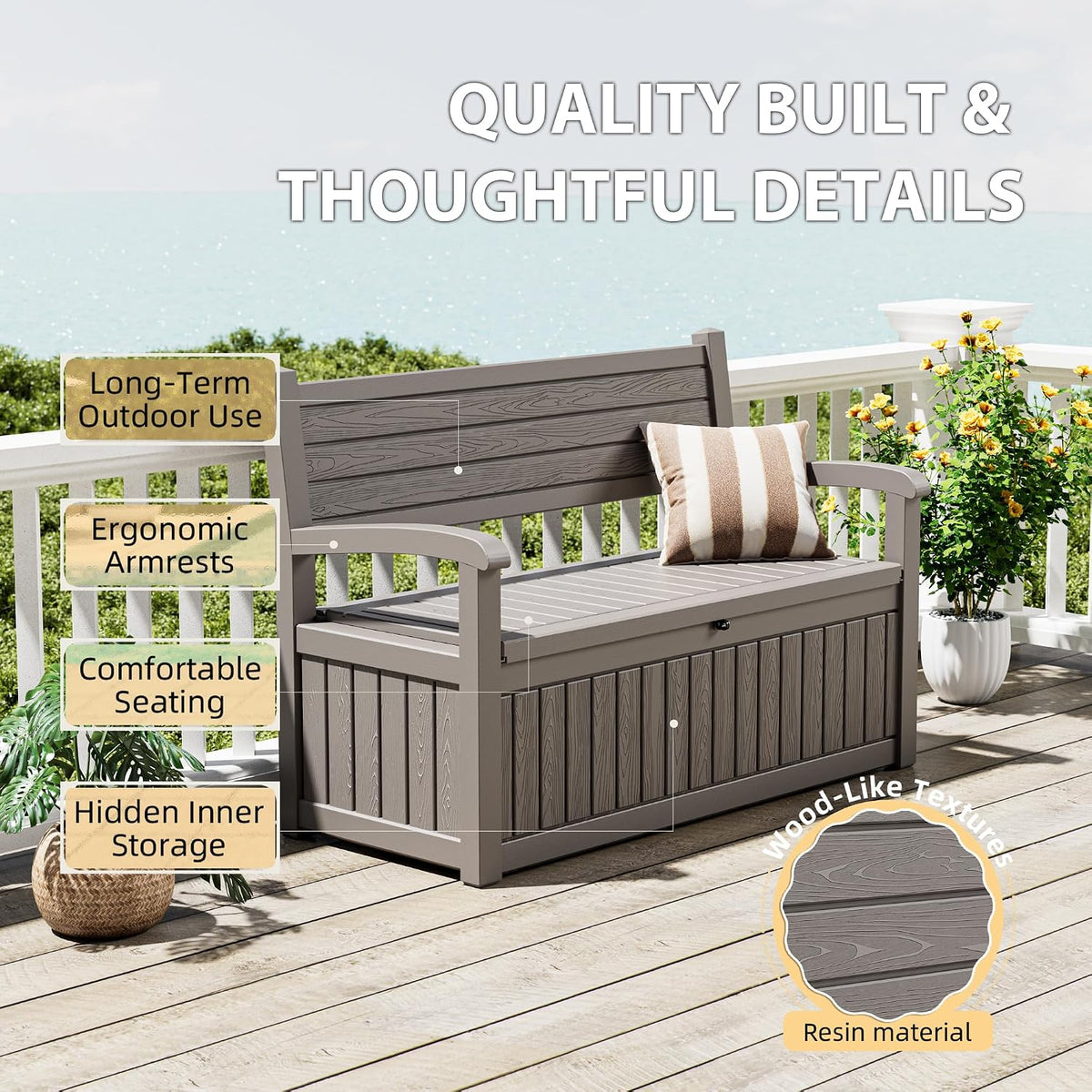 80 gallon lockable deck bench with storage, resin, close-up detail