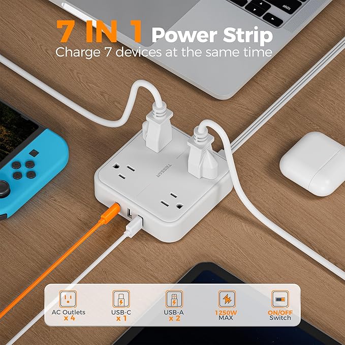 Surge Protector Flat Extension Cord 10FT, TESSAN Flat Plug Power Strip