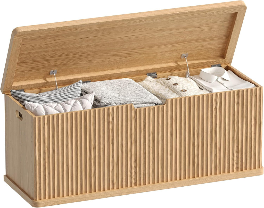 Akxomel 45.3" Fluted Storage Chest Wooden Storage Trunk 2 Safety Hinges Oak