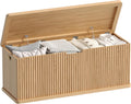 Akxomel 45.3" Fluted Storage Chest Wooden Storage Trunk 2 Safety Hinges Oak