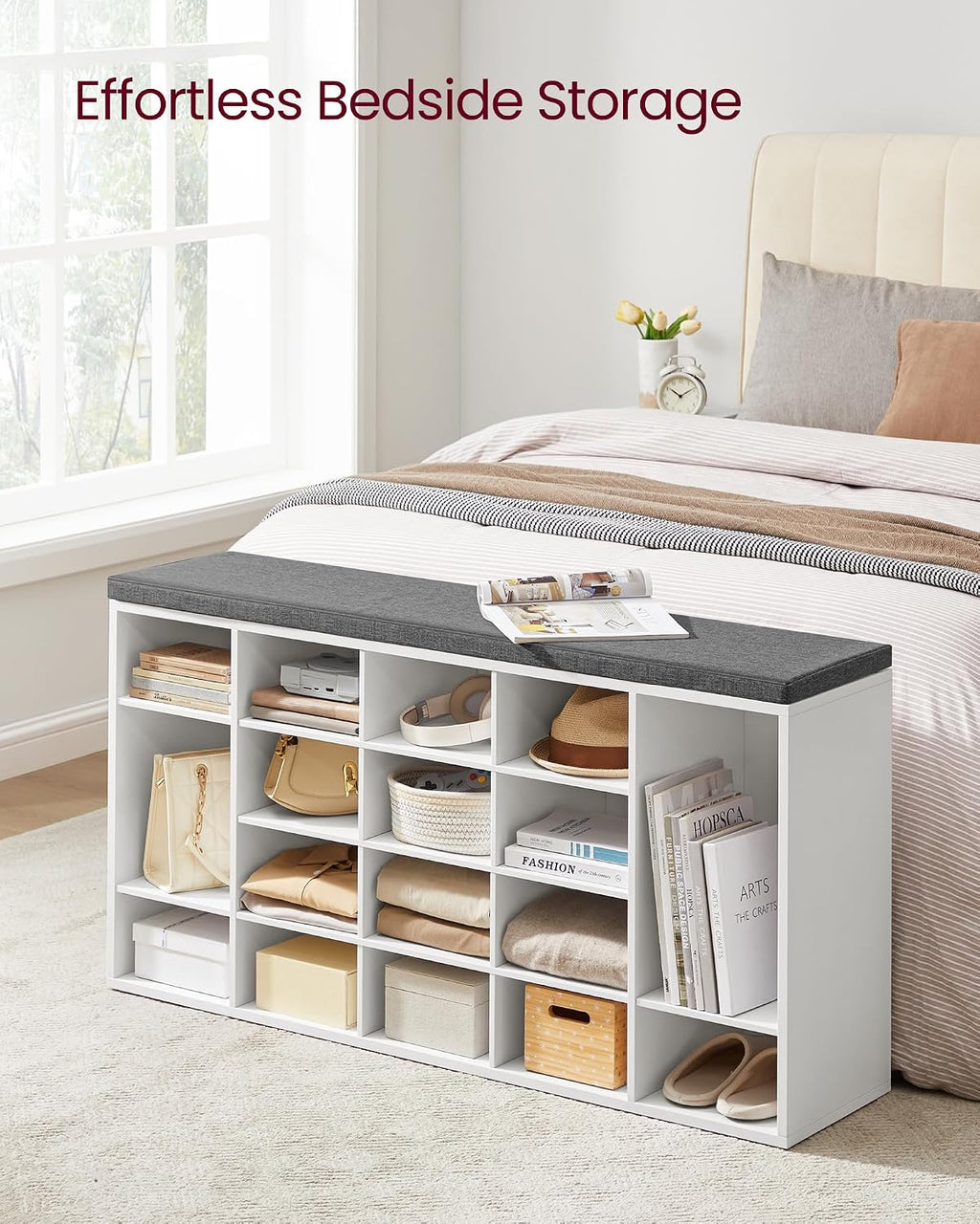 vasagle shoe bench with cushion, 20 compartments, 12, side view