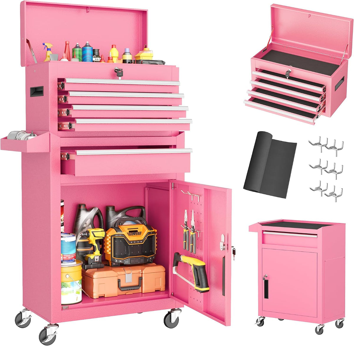 Greenvelly 5-Drawer Tool Chest with Wheels, Pre-Assembled Rolling Tool Chest, Detachable Top Tool Box, Lockable Design, Comes with Drawer Liners & Side Hooks for Garage Workshop Repair Room (Pink)
