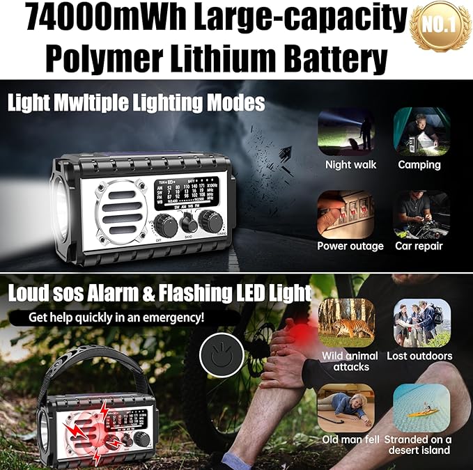 QAUYYW Emergency Radio, 20000mAh/74000mWh Weather Radio, Solar Hand Crank Radio