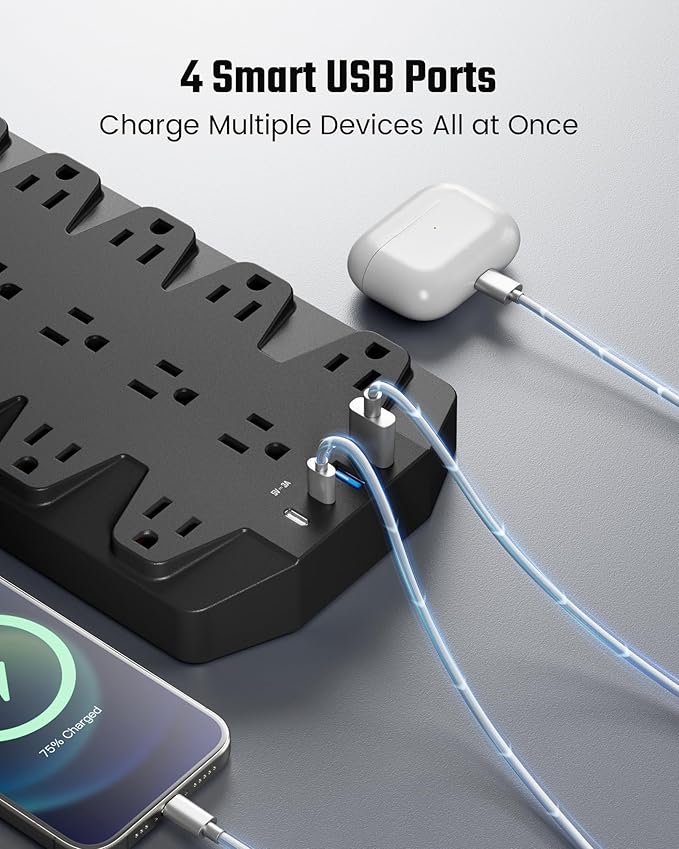 Power Strips with Surge Protection 10 FT, SUPERDANNY 18 AC Outlets and 4 USB