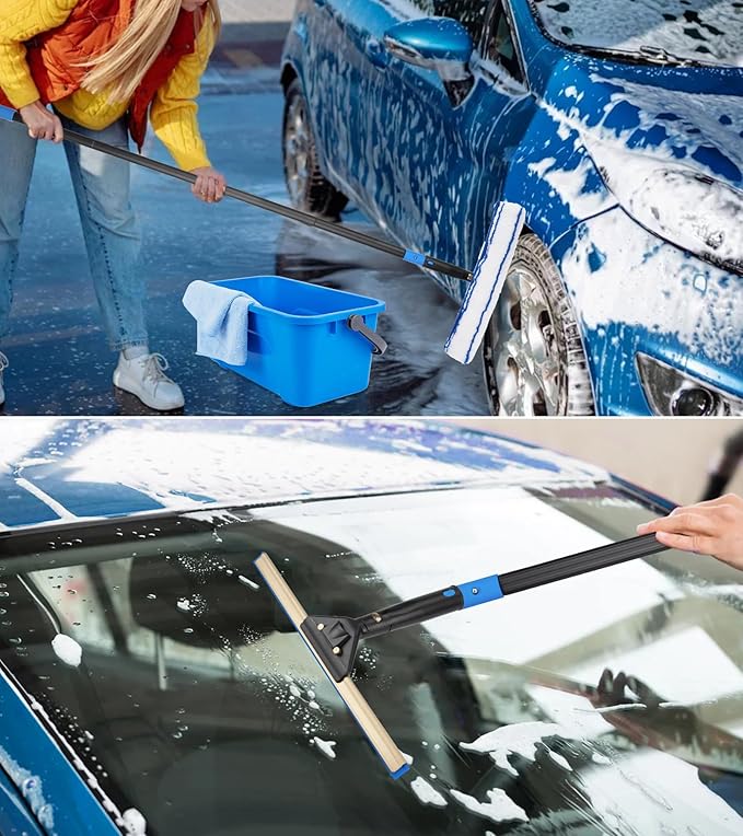 Window Cleaning Kit with Storage Bucket, Window Squeegee with 4.13ft Extension