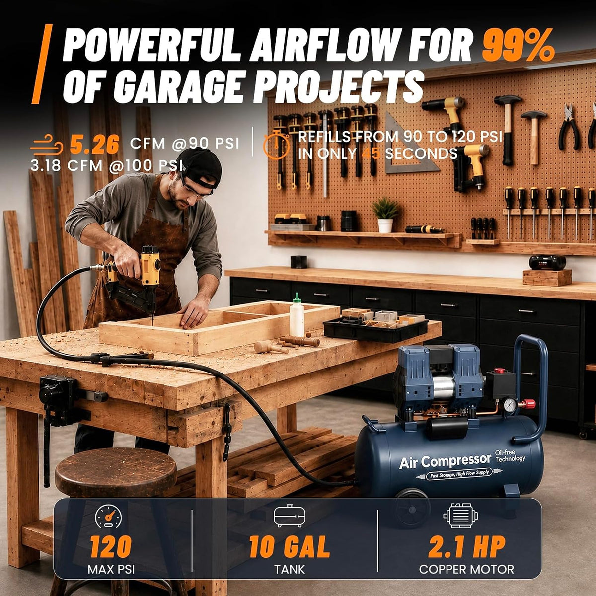 10 Gallon Quiet Oil-Free Air Compressor, Portable Air Compressor with 120 PSI Max Pressure, 5.26 CFM @ 90 PSI, Fast Recovery for Garage, Air Tools, Tire Inflation, Spray Painting & Woodworking