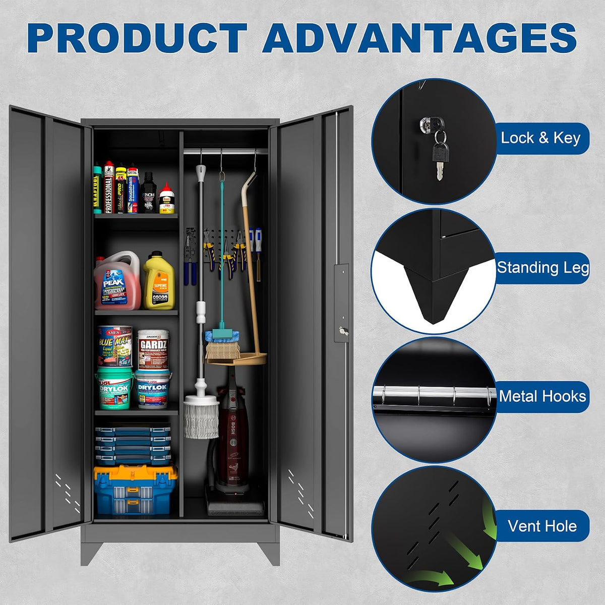 oseillc garage storage cabinet, broom closet storage cabinet, side view