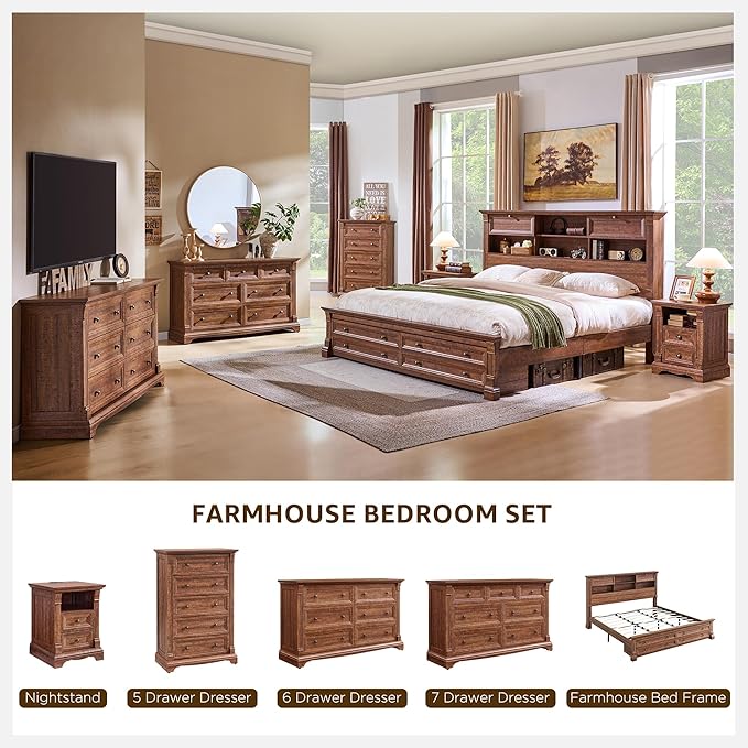 Farmhouse Nightstand with Charging Station, Wooden Sofa Table w/Roman Column