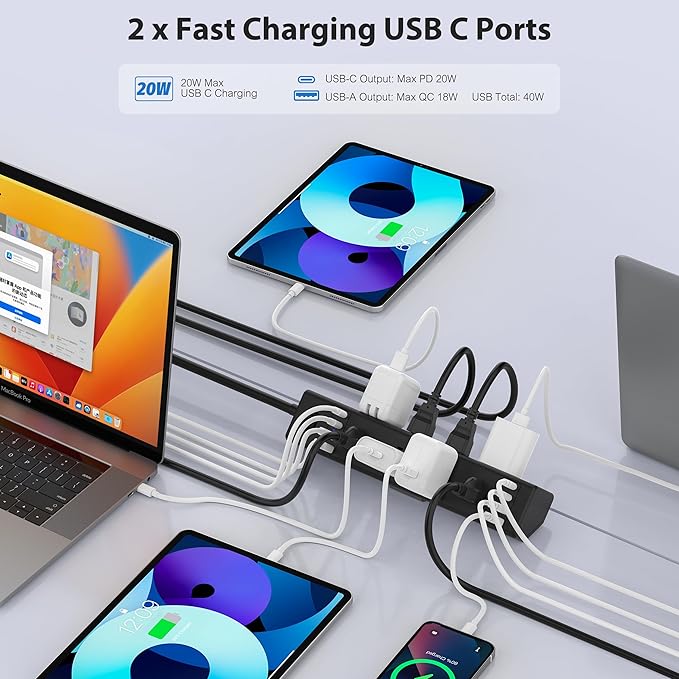 40W Fast Charging Station, Desk Clamp Power Strip 20W USB C, 8 Outlets