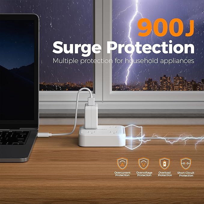 Surge Protector Flat Extension Cord 15Ft, TESSAN Flat Plug Power Strip