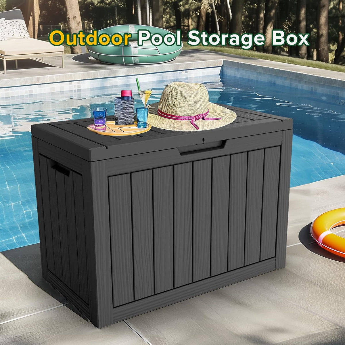 46 gallon outdoor deck box, lockable waterproof outdoor shown in use