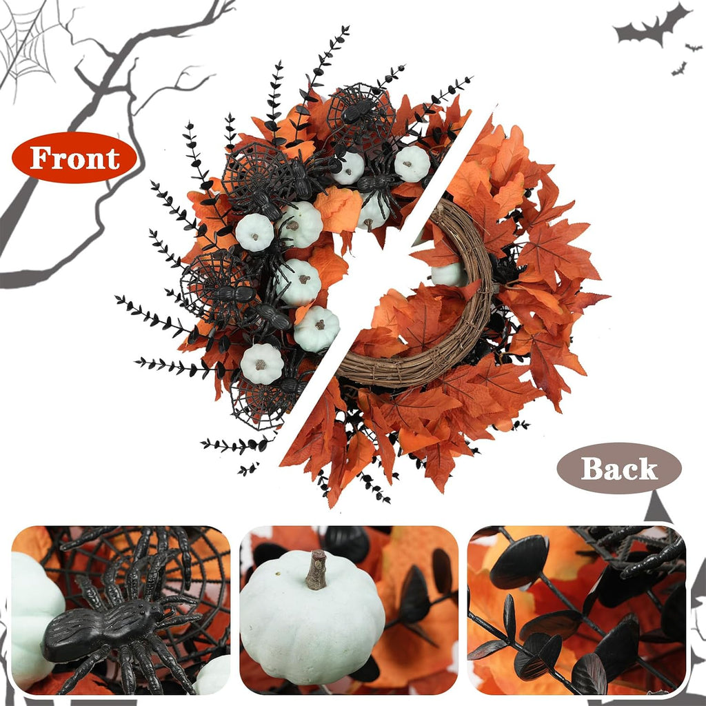 Idyllic 24" Halloween Wreath Pumpkins Maple Black Spiders for Front Door