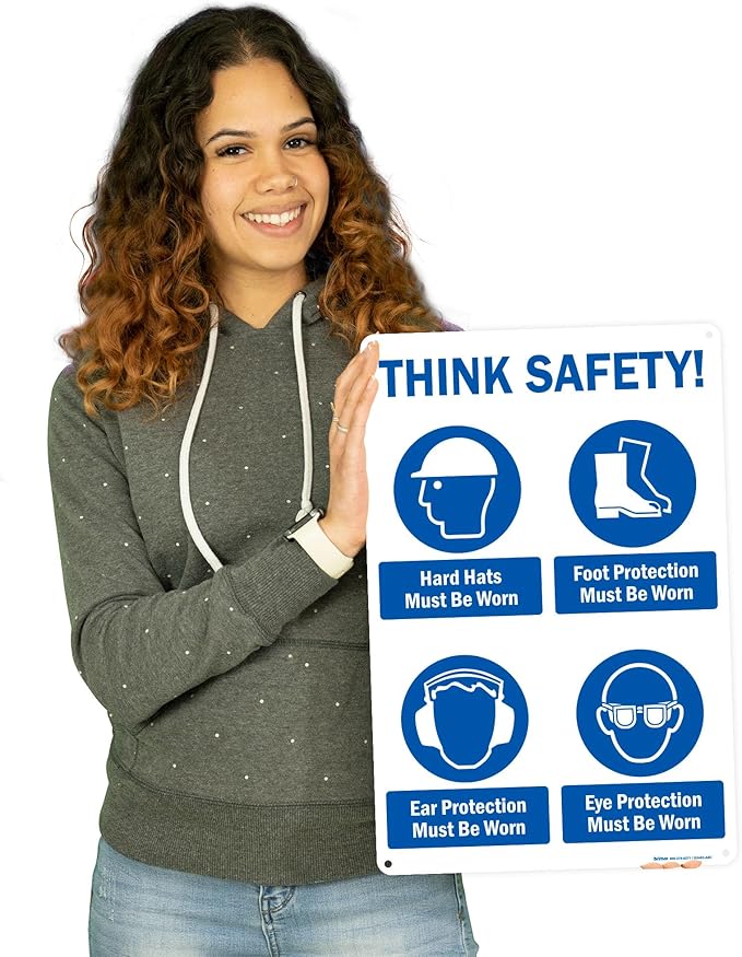 Brimar - 12" x 18" - Think Safety PPE Must Be Worn Sign - .063″ White Rust-Free