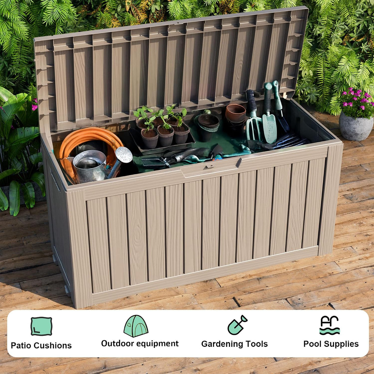 patiozen 75 gallon outdoor deck box,waterproof resin outdoor, side view